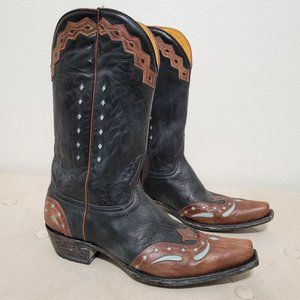 Old Gringo Black Turquoise Brown Leather Snip Toe Cowgirl Western Boots Sz 10.5